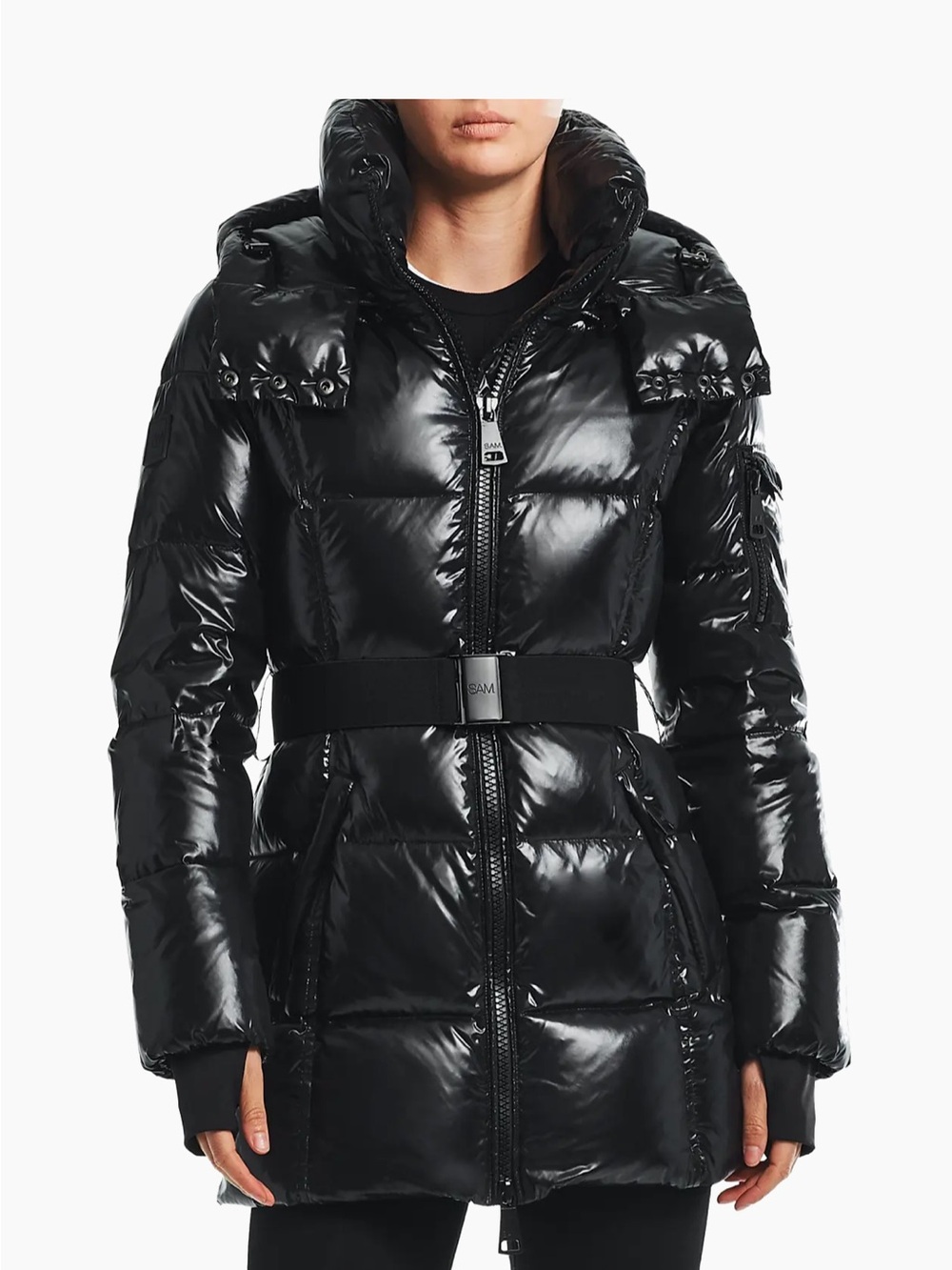 SAM. Black Gloss Quilted Belted Puffer Coat